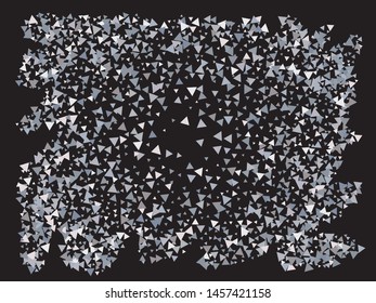 Chaotic triangles on black background. Fashionable design's elements. Vector illustration object. Silver elegant trendy pattern for paper packaging, greeting card, banner, invitation, postcard.