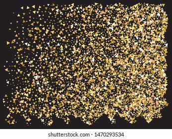 Chaotic triangles on black background. Random design's elements. Vector illustration object. Gold elegant trendy pattern for paper packaging, greeting card, banner, invitation, postcard.