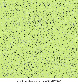 Chaotic uneven spots or dots seamless vector pattern. Hand drawn splash texture. Shades of blue spray on green background. Tiny specks or blobs of various size abstract ornament. 