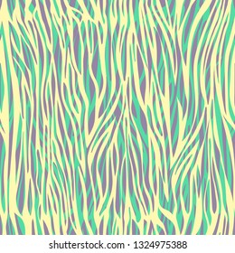 Chaotic uneven stripes abstract seamless pattern, zebra print, animalistic ornament, stylized modern illustration. Colorful pastel purple yellow green intertwined waves. Wallpaper, fabric design