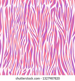 Chaotic uneven stripes abstract seamless pattern, zebra print, animalistic ornament, stylized modern illustration. Colorful bright white purple pink intertwined waves. Wallpaper, fabric design