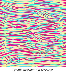Chaotic uneven stripes abstract seamless pattern, zebra print, animalistic ornament, stylized modern illustration. Colorful bright yellow turquoise pink intertwined waves. Wallpaper, fabric design