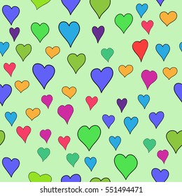 chaotic vector colored doodle hearts seamless pattern - for Valentine's day