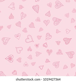 chaotic vector pink doodle hearts seamless pattern - for Valentine's day