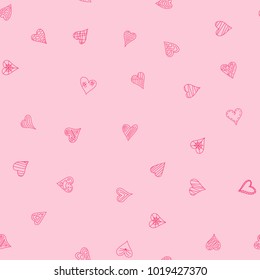 chaotic vector pink doodle hearts seamless pattern - for Valentine's day