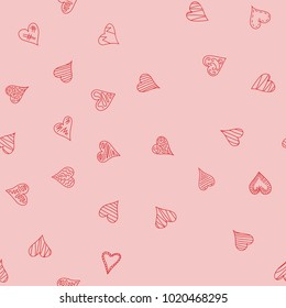 chaotic vector pink doodle hearts seamless pattern - for Valentine's day