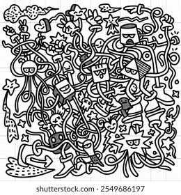 chaotic and whimsical black and white doodle featuring various abstract characters, stars, and swirling lines, creating playful and energetic scene.