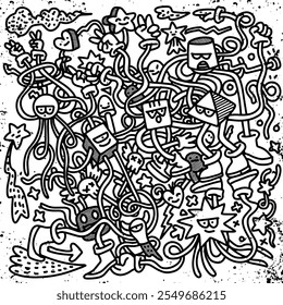 chaotic and whimsical black and white doodle featuring various abstract characters, stars, and swirling lines, creating playful and energetic scene.