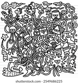 chaotic and whimsical black and white doodle featuring various abstract characters, stars, and swirling lines, creating playful and energetic scene.