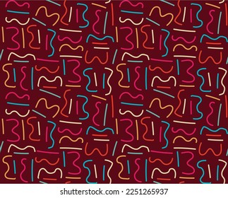 Chaotic Zigzag, wave, circle, plus, the cross of swatches retro seamless pattern. Fashion 80s-90s. Geometric Abstract Background mosaic textures.