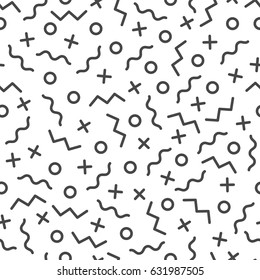 Chaotic Zigzag, wave, circle, plus, cross of swatches memphis seamles pattern. Fashion 80-90s. Geometric Abstract Background mosaic textures.