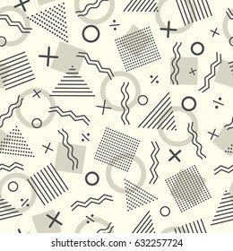 Chaotic Zigzag, wave, circle, plus, cross of swatches memphis seamles pattern. Fashion 80-90s. Geometric Abstract Background mosaic textures.