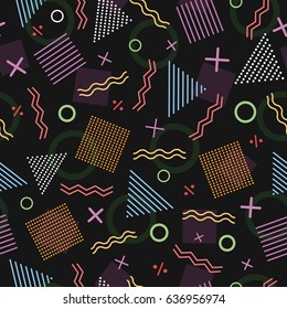 Chaotic Zigzag, wave, circle, plus, cross of swatches memphis seamles pattern. Fashion 80-90s. Geometric Abstract Background mosaic textures.