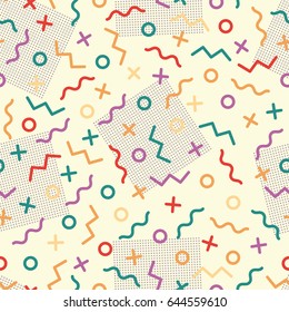 Chaotic Zigzag, wave, circle, plus, cross of swatches memphis seamles pattern. Fashion 80-90s. Geometric Abstract Background mosaic textures.