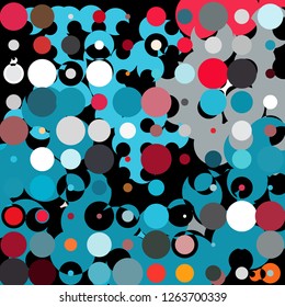 Chaotical geometric pattern consisting of circles of different diameters and colors against black background. Beautiful abstract wallpaper.
