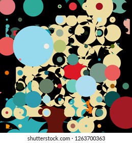 Chaotical geometric pattern consisting of circles of different diameters and colors against black background. Beautiful abstract wallpaper.