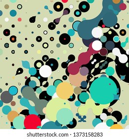 Chaotical geometric pattern consisting of circles of different diameters and colors against black background. Beautiful abstract wallpaper. Vector illustration.