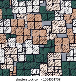 A chaotically located group of four uneven squares. Seamless texture. Grunge fashionable style. Camouflage for mods.
