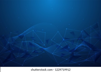 Chaotically particle and polygons flying in space. Abstract vector blue mesh background.