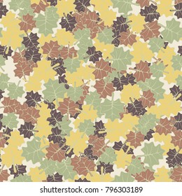 Chaotically scattered maple leaves. Fashionable camouflage pattern.
