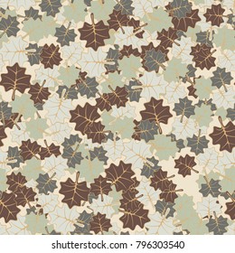 Chaotically scattered maple leaves. Fashionable camouflage pattern.