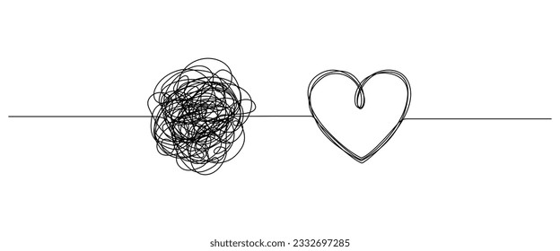 Chaotically tangled line and tangled heart. Psychotherapy for couple concept of solving problems is easy. Unravels chaos and mess difficult situation. Editable stroke. Doodle vector illustration