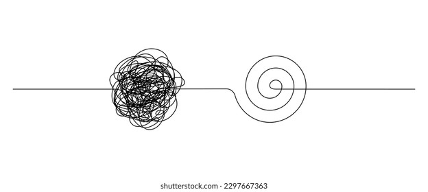 Línea enredada caóticamente y nudo espiral en forma de círculo. El concepto de resolver problemas es fácil. Ilustración del vector Doodle