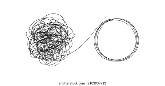 Chaotically tangled line and untied knot in form of circle. Psychotherapy concept of solving problems is easy. Unravels chaos and mess difficult situation. Doodle vector illustration