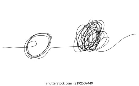 Chaotically tangled line and untied knot in form of circle. Unravels chaos and mess difficult situation. Psychotherapy concept of solving problems is easy. One continuous line drawing. Vector 