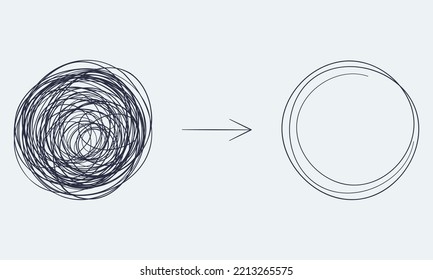 Chaotically tangled line and untied knot in form of circle. Psychotherapy concept of solving problems is easy. Unravels chaos and mess difficult situation. Vector illustration