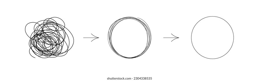 Chaotically tangled line and untied knot in form of circle. Psychotherapy concept of solving problems is easy. Unravels chaos and mess difficult situation. Vector illustration 10 eps.