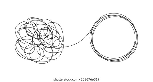 Linha caoticamente emaranhada e nó desatado em forma de círculo. O conceito de psicoterapia de resolver problemas é fácil. Desvenda a má saúde mental. Ilustração vetorial	