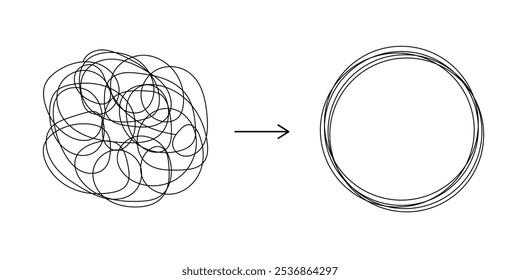 Chaotically tangled line and untied knot in form of circle. Psychotherapy concept of solving problems is easy. Unravels chaos and mess difficult situation. Vector illustration