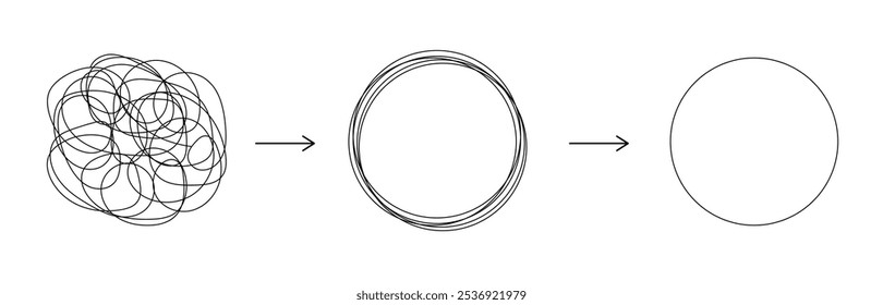 Chaotically tangled line and untied knot in form of circle. Psychotherapy concept of solving problems is easy. Unravels chaos and mess difficult situation. Vector illustration