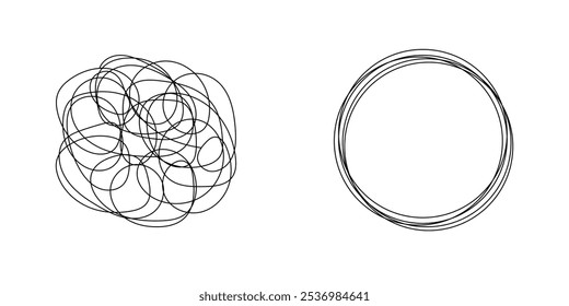 Chaotically tangled line and untied knot in form of circle. Psychotherapy concept of solving problems is easy. Unravels chaos and mess difficult situation. Vector illustration