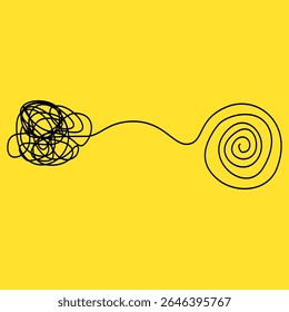 Chaotically tangled line and untied knot in form of circle. Psychotherapy concept of solving problems is easy. Unravels chaos and mess difficult situation.