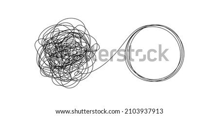 Chaotically tangled line and untied knot in form of circle. Psychotherapy concept of solving problems is easy. Unravels chaos and mess difficult situation. Doodle vector illustration 商業照片 © 