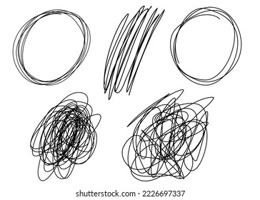 Chaotically tangled lines set. Unravels chaos and mess difficult situation. Psychotherapy concept of solving problems is easy. One continuous line drawing. Hand drawn vector illustrations isolated