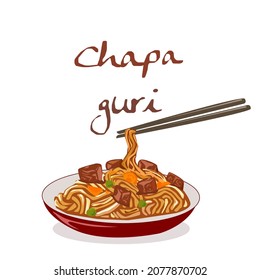 Chapaguri Korean stir-fried noodles cartoon vector illustration. Korean food.