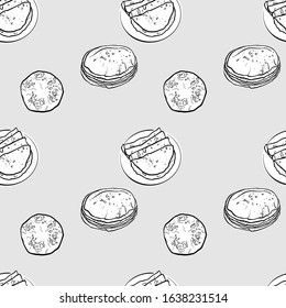 Chapati seamless pattern greyscale drawing. Useable for wallpaper or any sized decoration. Handdrawn Vector Illustration