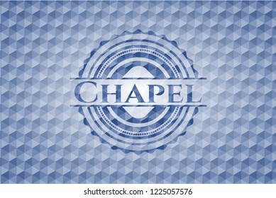 Chapel blue badge with geometric background.