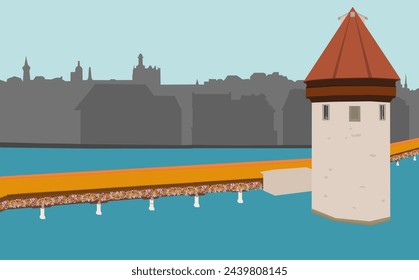 chapel bridge vector of switzerland in lucerne. Background city of lucerne with houses and buildings grey. Chapel bridge brown yellow colur with flowers. Tover is brown and white Mediterranean style.