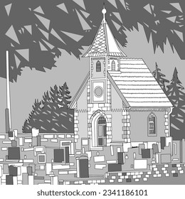 chapel, church, cemetery, tombstones, trees tower, roof