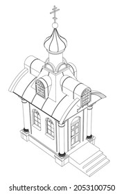 Chapel contour from black lines isolated on white background. Isometric view. Vector illustration