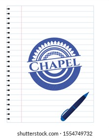 Chapel drawn with pen strokes. Blue ink. Vector Illustration. Detailed.