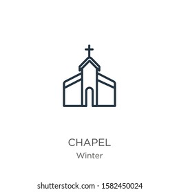 Chapel icon. Thin linear chapel outline icon isolated on white background from winter collection. Line vector sign, symbol for web and mobile