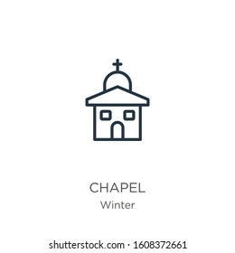 Chapel icon. Thin linear chapel outline icon isolated on white background from winter collection. Line vector sign, symbol for web and mobile