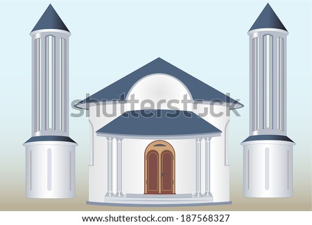 The chapel as a memorial with two bell towers, the building is a rotunda with two windows in bays, roofed entrance, twin columns and decorated with large doors
