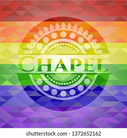 Chapel on mosaic background with the colors of the LGBT flag