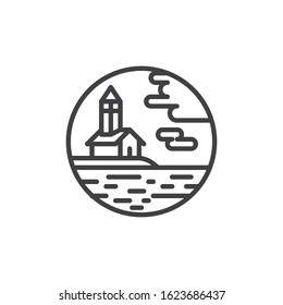 Chapel and sea line icon. linear style sign for mobile concept and web design. Chapel hill by the sea outline vector icon. Symbol, logo illustration. Vector graphics